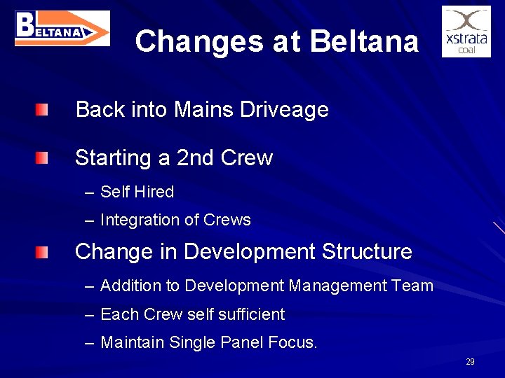 Changes at Beltana Back into Mains Driveage Starting a 2 nd Crew – Self