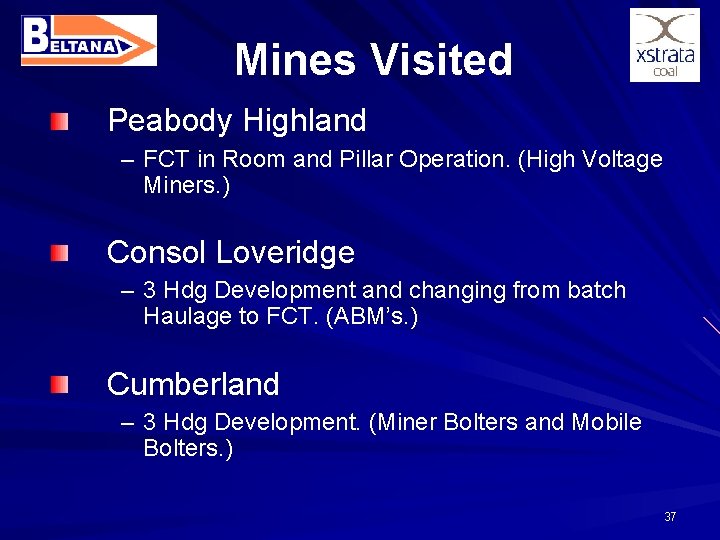Mines Visited Peabody Highland – FCT in Room and Pillar Operation. (High Voltage Miners.