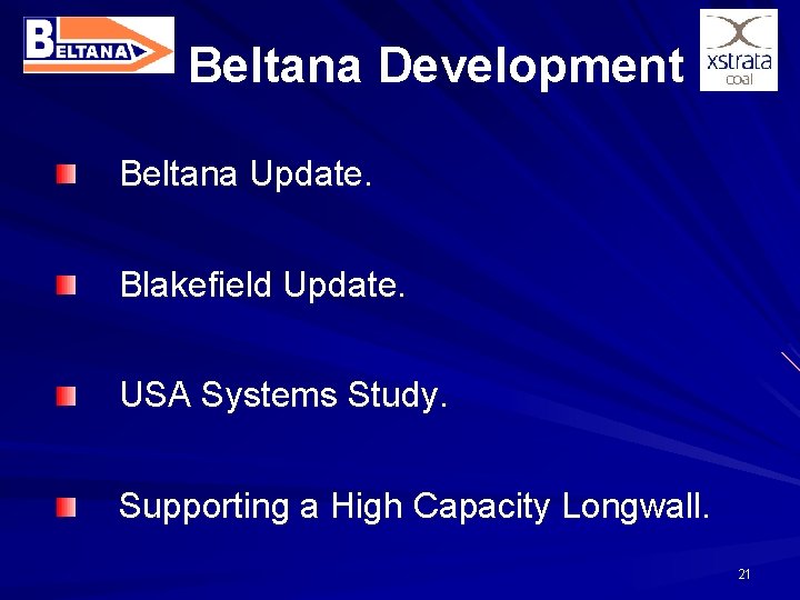Beltana Development Beltana Update. Blakefield Update. USA Systems Study. Supporting a High Capacity Longwall.