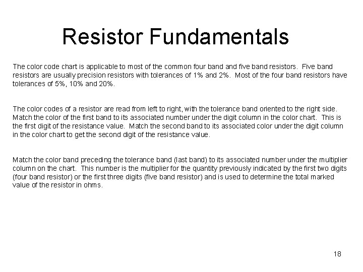 Resistor Fundamentals The color code chart is applicable to most of the common four