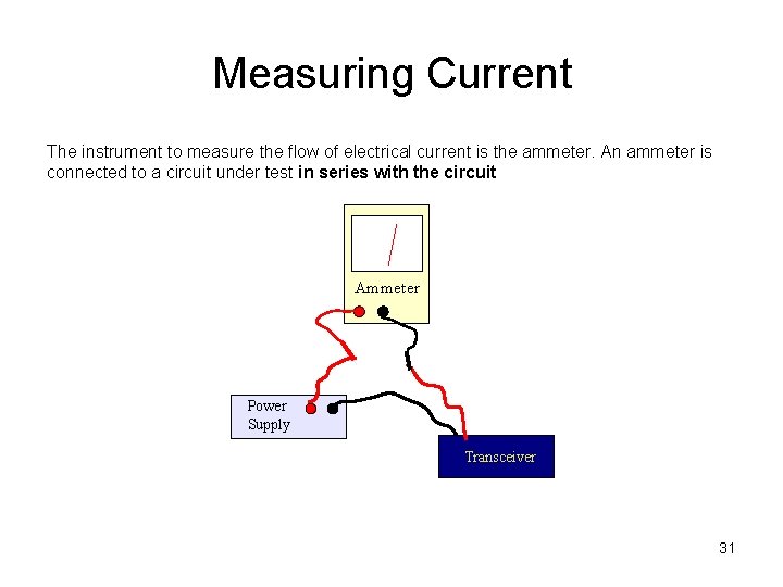 Measuring Current The instrument to measure the flow of electrical current is the ammeter.