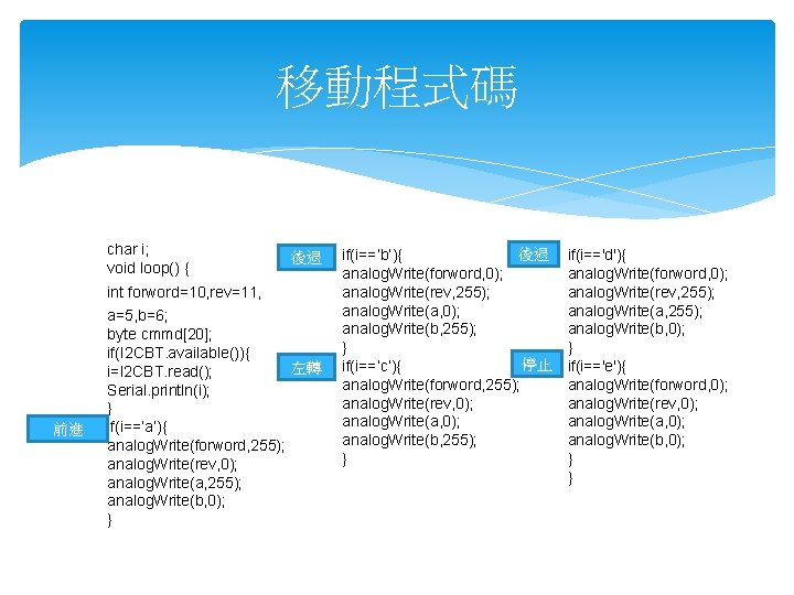 移動程式碼 char i; void loop() { 後退 int forword=10, rev=11, a=5, b=6; byte cmmd[20];