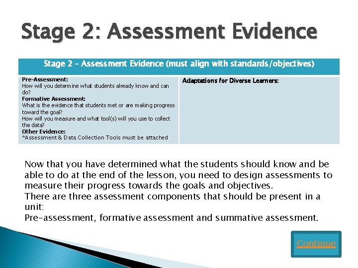 Stage 2: Assessment Evidence Stage 2 – Assessment Evidence (must align with standards/objectives) Pre-Assessment:
