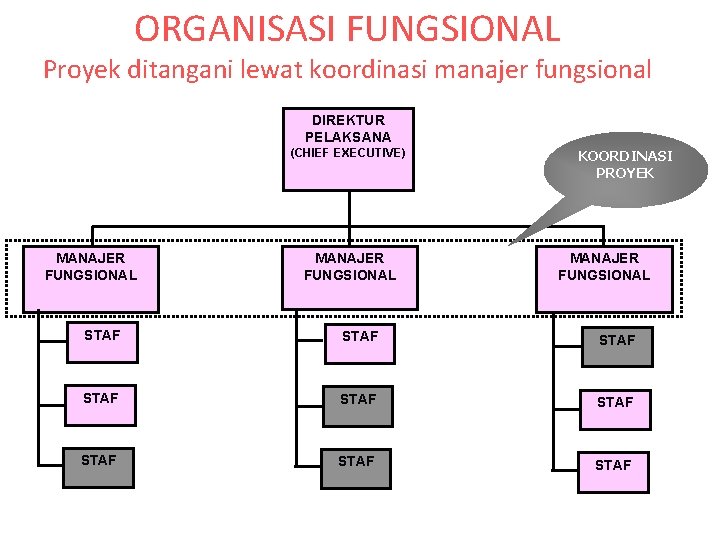 ORGANISASI FUNGSIONAL Proyek ditangani lewat koordinasi manajer fungsional DIREKTUR PELAKSANA (CHIEF EXECUTIVE) MANAJER FUNGSIONAL