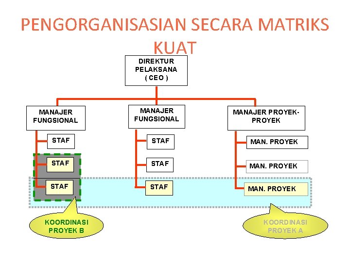 PENGORGANISASIAN SECARA MATRIKS KUAT DIREKTUR PELAKSANA ( CEO ) MANAJER FUNGSIONAL MANAJER PROYEK STAF