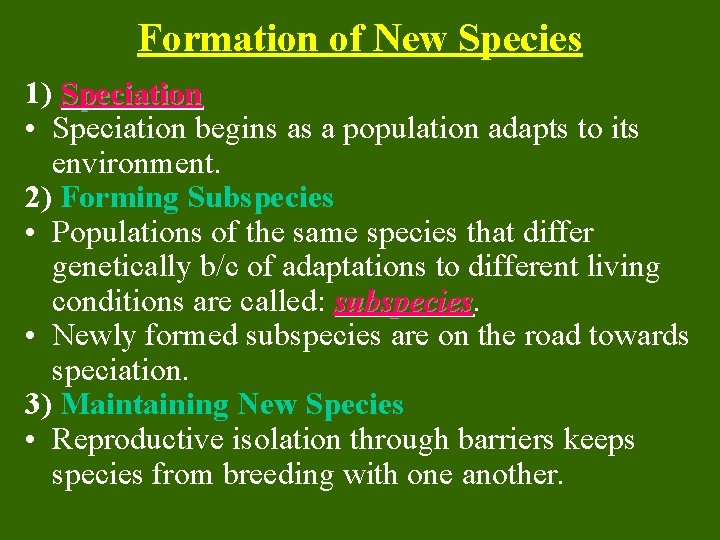 Formation of New Species 1) Speciation • Speciation begins as a population adapts to