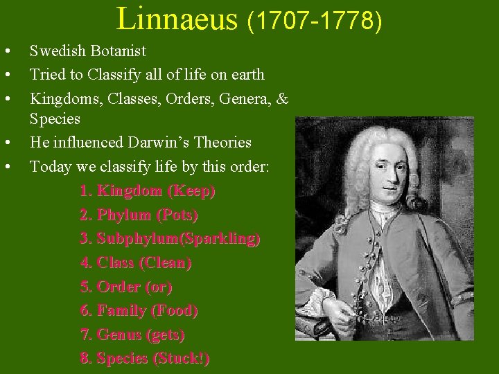Linnaeus (1707 -1778) • • • Swedish Botanist Tried to Classify all of life