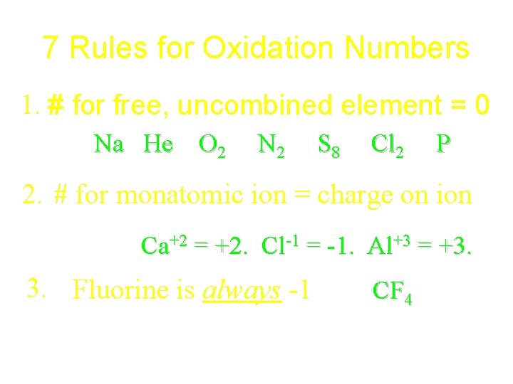 7 Rules for Oxidation Numbers 1. # for free, uncombined element = 0 Na
