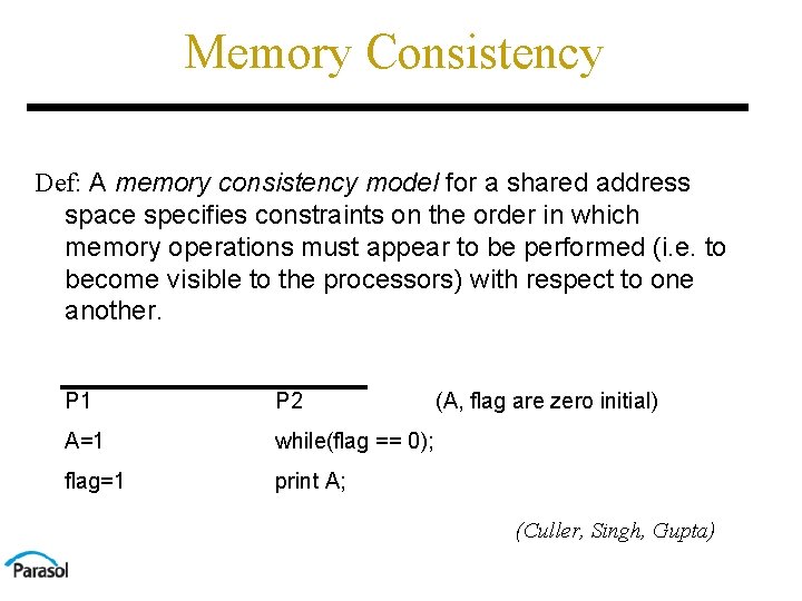 Memory Consistency Def: A memory consistency model for a shared address space specifies constraints