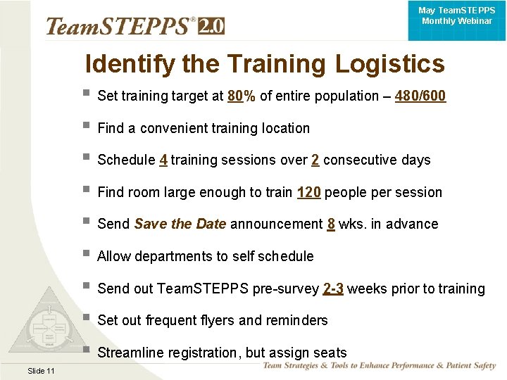May Team. STEPPS Monthly Webinar Identify the Training Logistics § Set training target at