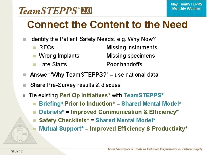 May Team. STEPPS Monthly Webinar Connect the Content to the Need Identify the Patient