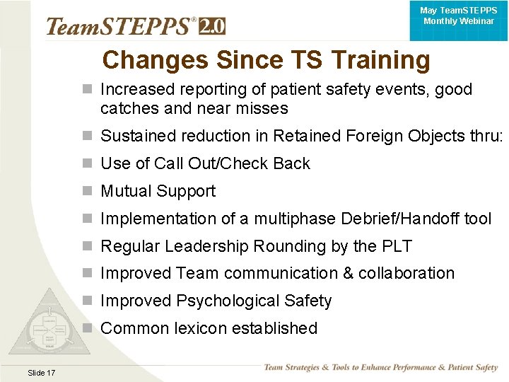 May Team. STEPPS Monthly Webinar Changes Since TS Training Increased reporting of patient safety