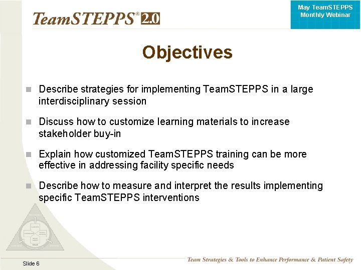 May Team. STEPPS Monthly Webinar Objectives Describe strategies for implementing Team. STEPPS in a