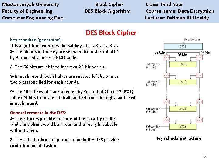 Mustansiriyah University Block Cipher Class: Third Year Faculty of Engineering DES Block Algorithm Course