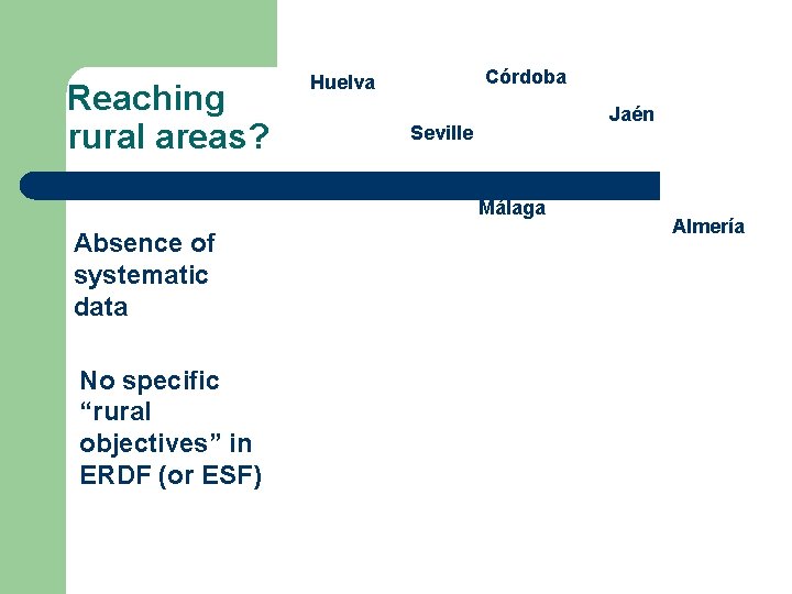 Reaching rural areas? Córdoba Huelva Seville Cádiz Absence of systematic data No specific “rural