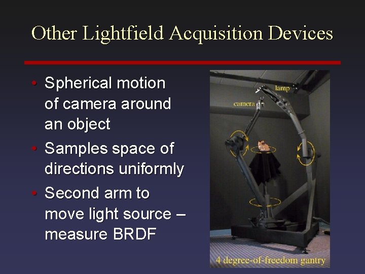 Other Lightfield Acquisition Devices • Spherical motion of camera around an object • Samples