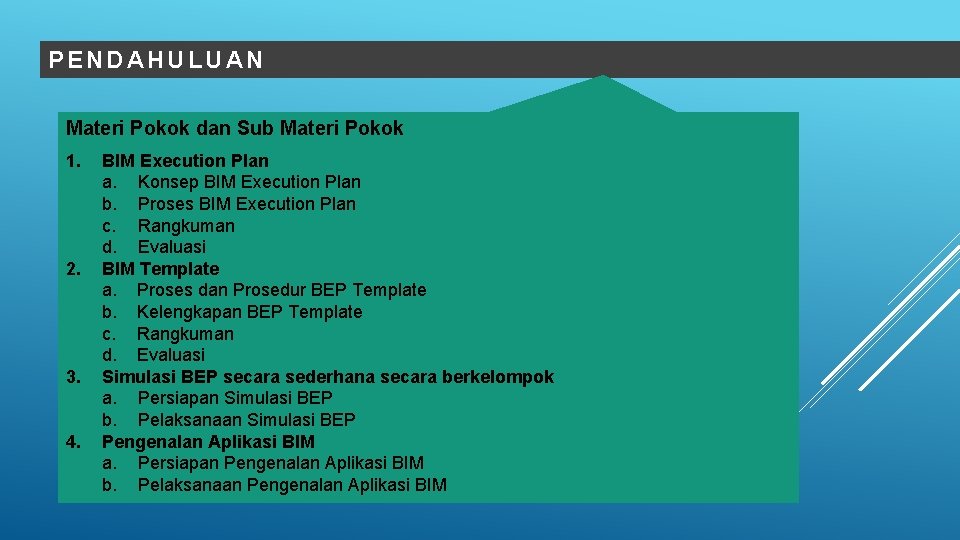PENDAHULUAN Materi Pokok dan Sub Materi Pokok 1. 2. 3. 4. BIM Execution Plan
