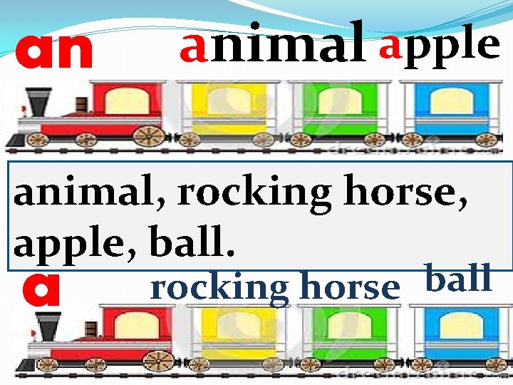 an animal apple animal, rocking horse, apple, ball. a rocking horse ball 