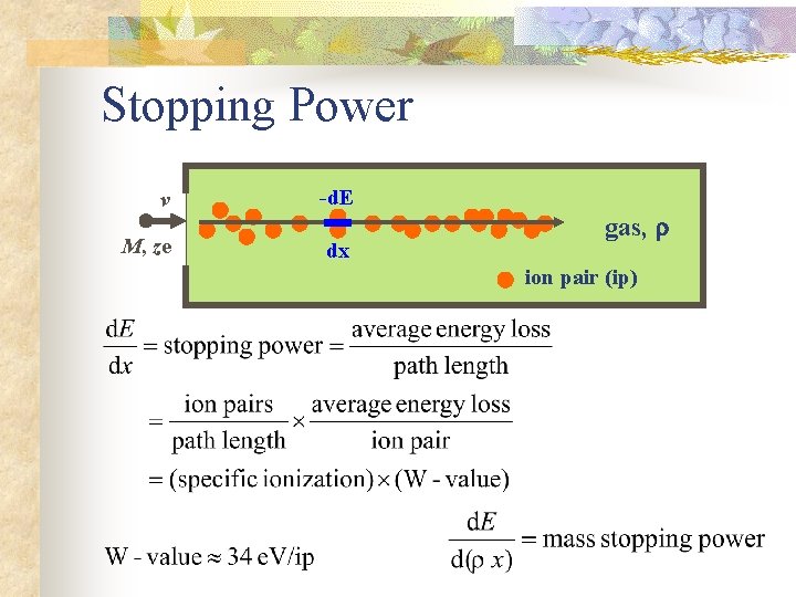 Stopping Power v -d. E M, ze dx gas, r ion pair (ip) Stopping Power v -d. E M, ze dx gas, r ion pair (ip)