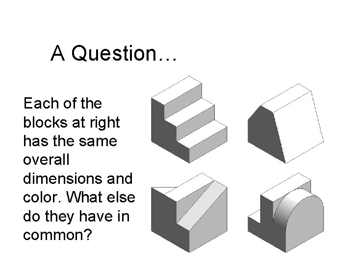 A Question… Each of the blocks at right has the same overall dimensions and