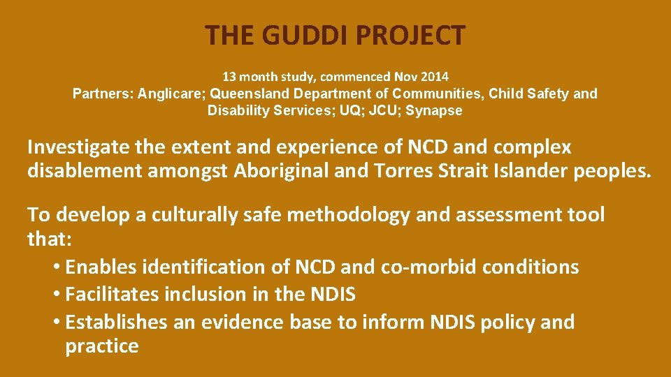 THE GUDDI PROJECT 13 month study, commenced Nov 2014 Partners: Anglicare; Queensland Department of