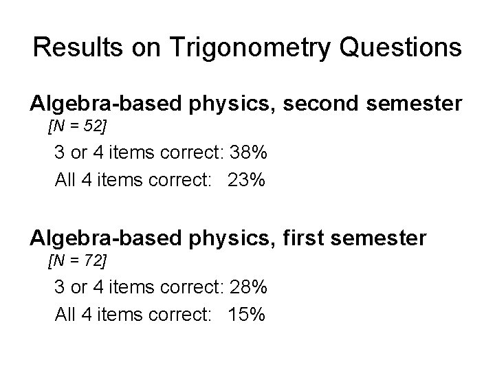 Results on Trigonometry Questions Algebra-based physics, second semester [N = 52] 3 or 4
