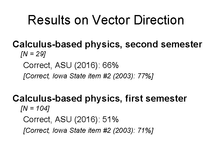 Results on Vector Direction Calculus-based physics, second semester [N = 29] Correct, ASU (2016):