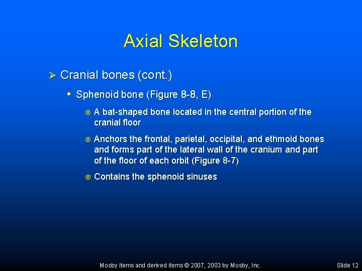 Axial Skeleton Ø Cranial bones (cont. ) • Sphenoid bone (Figure 8 -8, E)