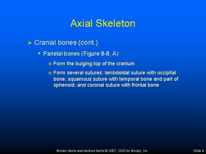 Axial Skeleton Ø Cranial bones (cont. ) • Parietal bones (Figure 8 -8, A)