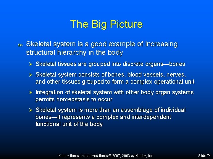 The Big Picture Skeletal system is a good example of increasing structural hierarchy in