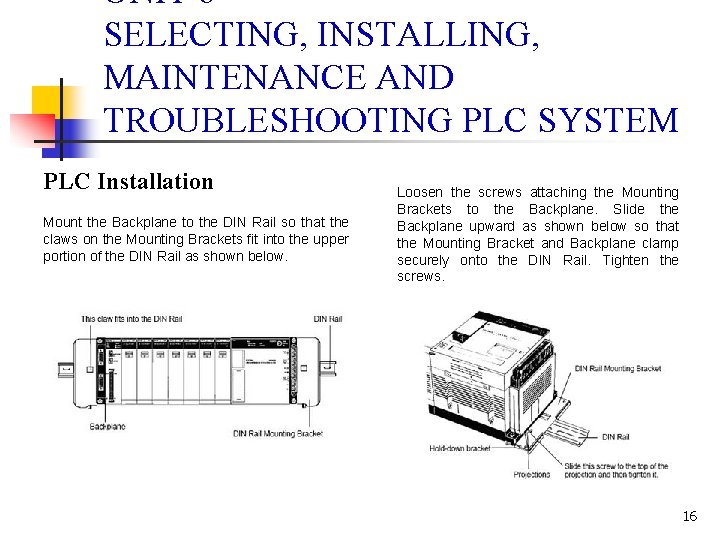 UNIT 6 SELECTING, INSTALLING, MAINTENANCE AND TROUBLESHOOTING PLC SYSTEM PLC Installation Mount the Backplane