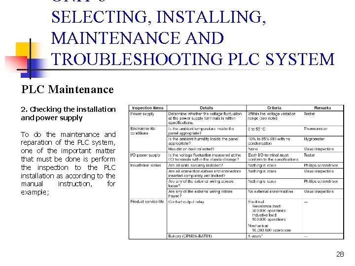 UNIT 6 SELECTING, INSTALLING, MAINTENANCE AND TROUBLESHOOTING PLC SYSTEM PLC Maintenance 2. Checking the