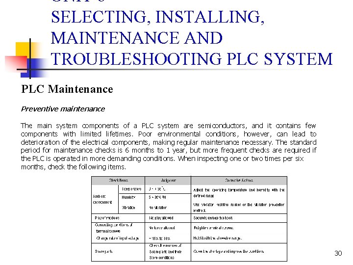 UNIT 6 SELECTING, INSTALLING, MAINTENANCE AND TROUBLESHOOTING PLC SYSTEM PLC Maintenance Preventive maintenance The