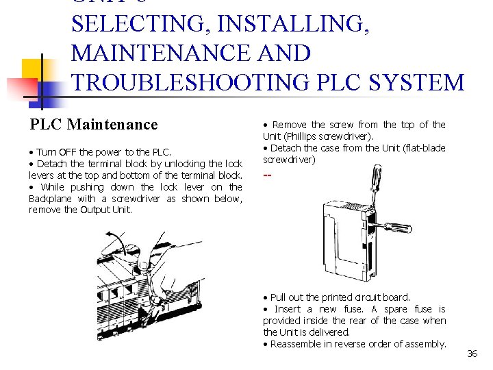 UNIT 6 SELECTING, INSTALLING, MAINTENANCE AND TROUBLESHOOTING PLC SYSTEM PLC Maintenance • Turn OFF