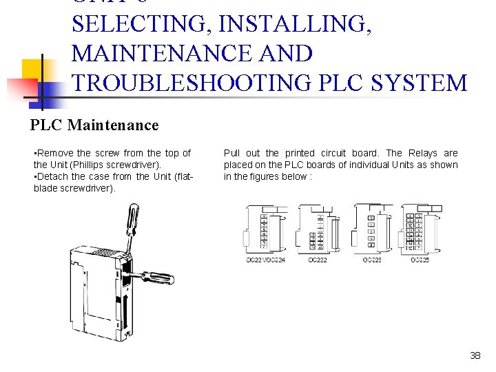 UNIT 6 SELECTING, INSTALLING, MAINTENANCE AND TROUBLESHOOTING PLC SYSTEM PLC Maintenance • Remove the