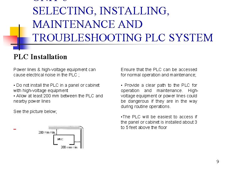 UNIT 6 SELECTING, INSTALLING, MAINTENANCE AND TROUBLESHOOTING PLC SYSTEM PLC Installation Power lines &