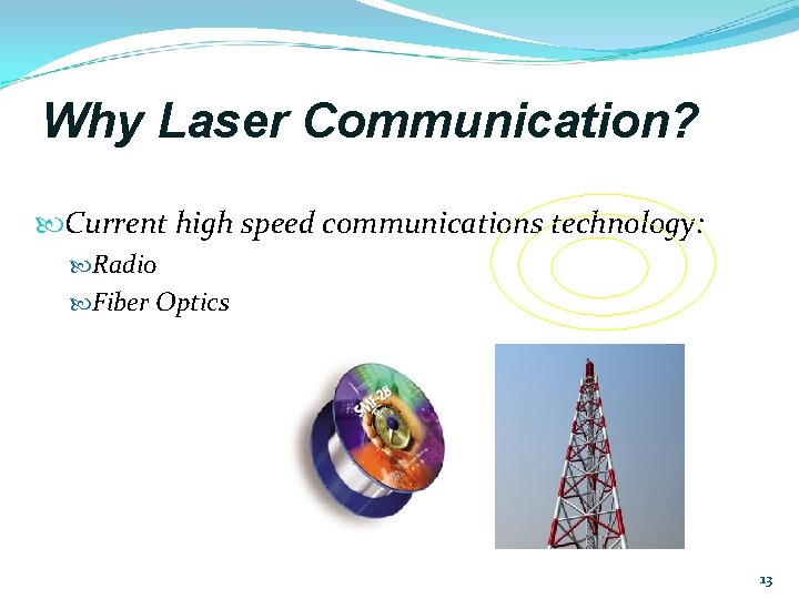 Why Laser Communication? Current high speed communications technology: Radio Fiber Optics 13 Why Laser Communication? Current high speed communications technology: Radio Fiber Optics 13