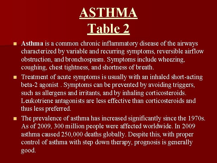 ASTHMA Table 2 Asthma is a common chronic inflammatory disease of the airways characterized