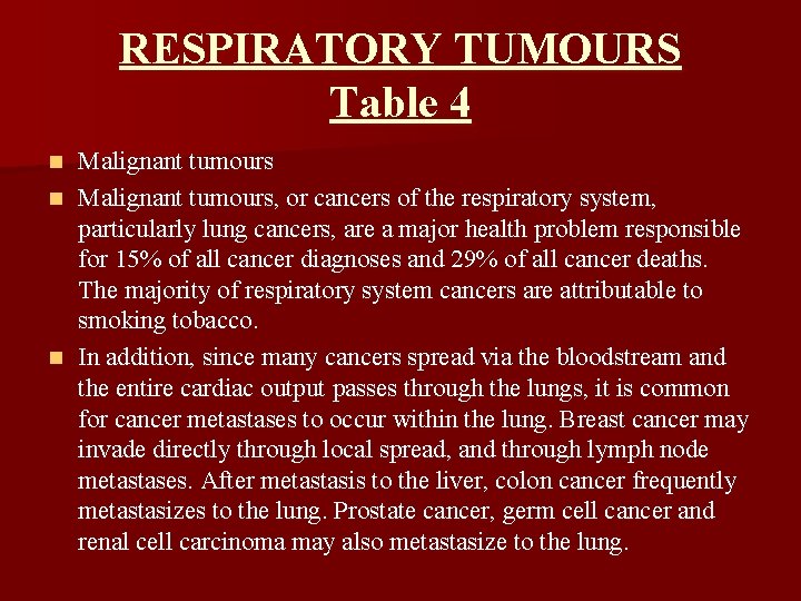 RESPIRATORY TUMOURS Table 4 Malignant tumours n Malignant tumours, or cancers of the respiratory