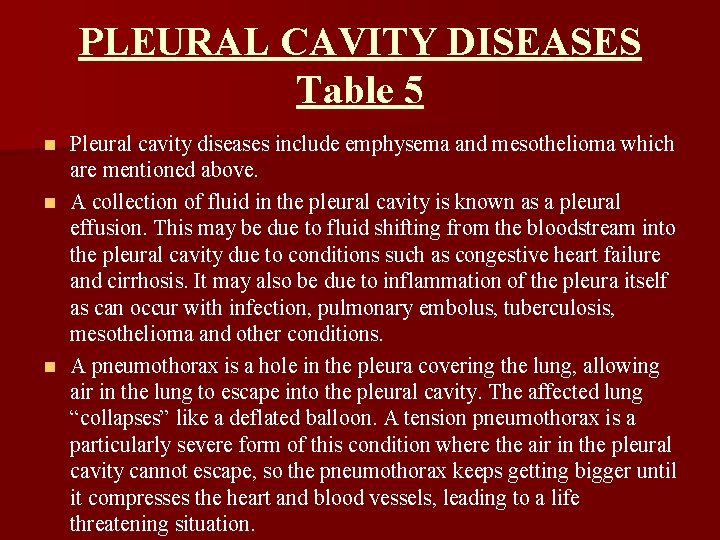 PLEURAL CAVITY DISEASES Table 5 Pleural cavity diseases include emphysema and mesothelioma which are