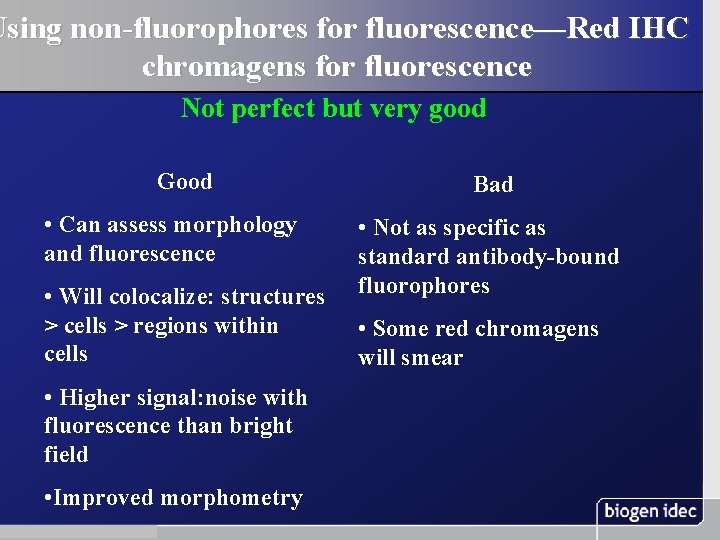 Using non-fluorophores for fluorescence—Red IHC chromagens for fluorescence Not perfect but very good Good