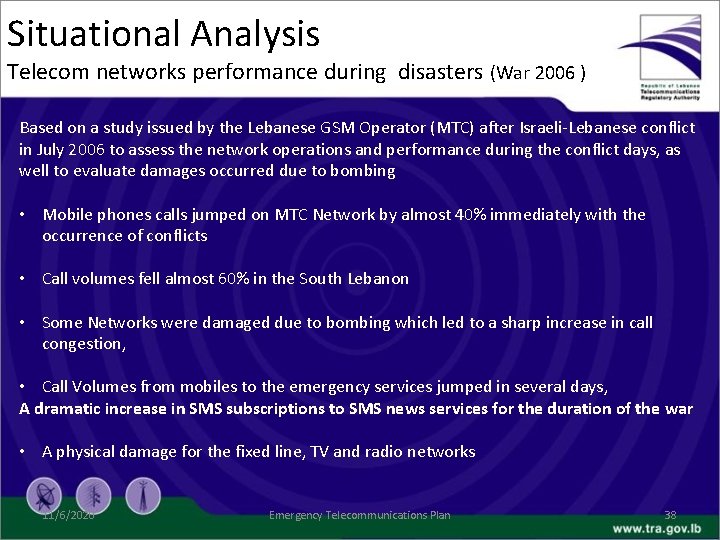 Situational Analysis Telecom networks performance during disasters (War 2006 ) Based on a study
