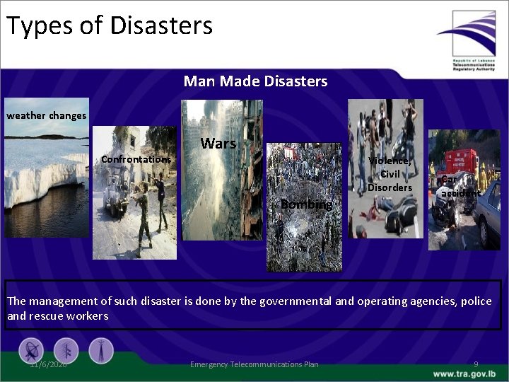 Types of Disasters Man Made Disasters weather changes Confrontations Wars Violence, Civil Disorders Bombing
