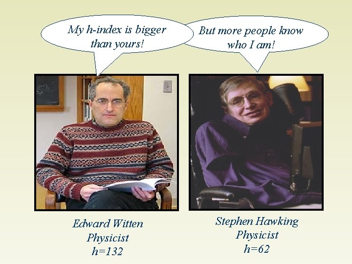 My h-index is bigger than yours! Edward Witten Physicist h=132 But more people know