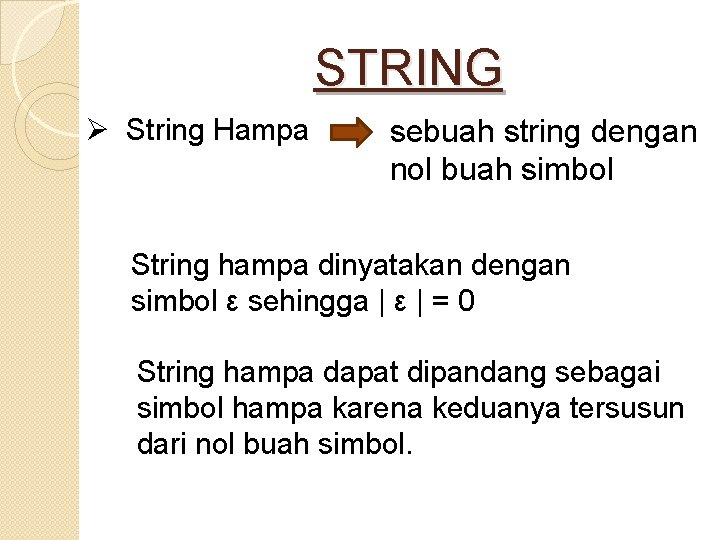 STRING Ø String Hampa sebuah string dengan nol buah simbol String hampa dinyatakan dengan