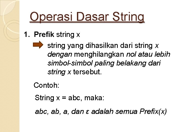 Operasi Dasar String 1. Prefik string x string yang dihasilkan dari string x dengan