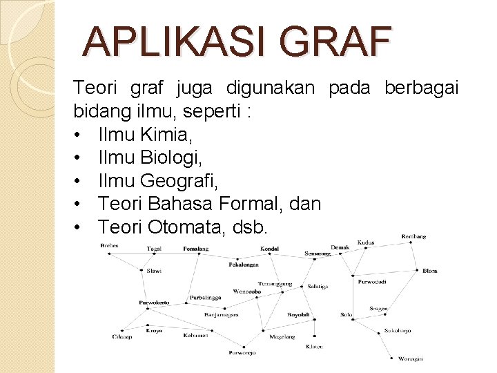 APLIKASI GRAF Teori graf juga digunakan pada berbagai bidang ilmu, seperti : • Ilmu