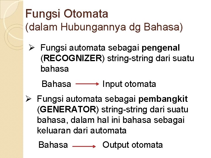 Fungsi Otomata (dalam Hubungannya dg Bahasa) Ø Fungsi automata sebagai pengenal (RECOGNIZER) string-string dari