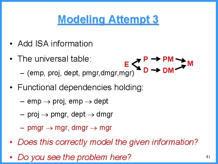 Modeling Attempt 3 • Add ISA information • The universal table: E – (emp,