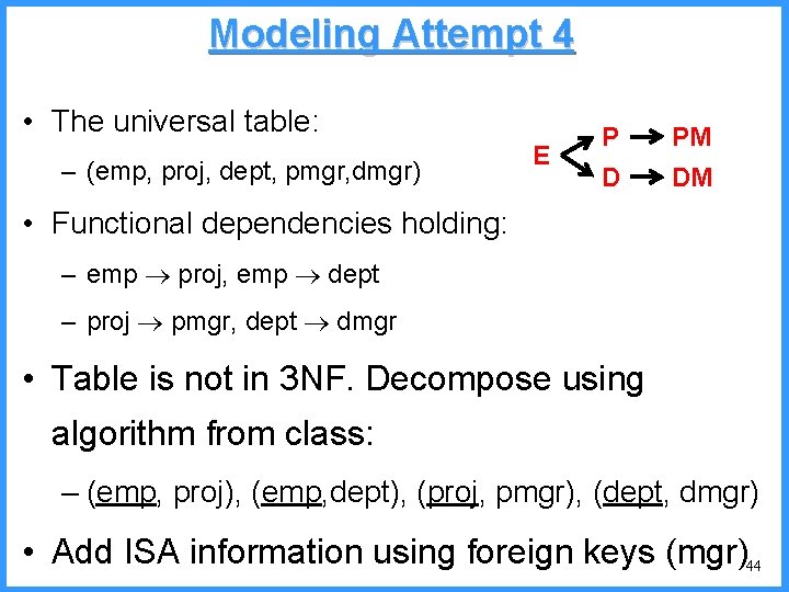 Modeling Attempt 4 • The universal table: – (emp, proj, dept, pmgr, dmgr) E